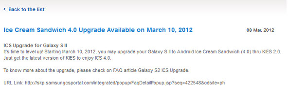 ICS will be available to download for Samsung galaxy s II on March 10th